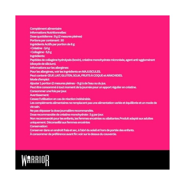 Warrior Créatine Monohydrate + Collagène Hydrolysé 270 g – 30 Portions – Supplément Sportif pour Récupération Musculaire et A