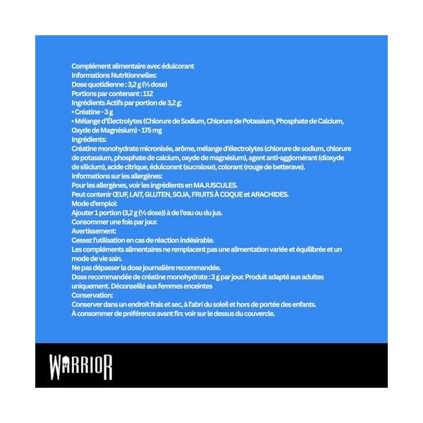 Créatine monohydrate Warrior plus électrolytes Poudre 360 g Boisson dhydratation et de performance – Shake nutritionnel – 80