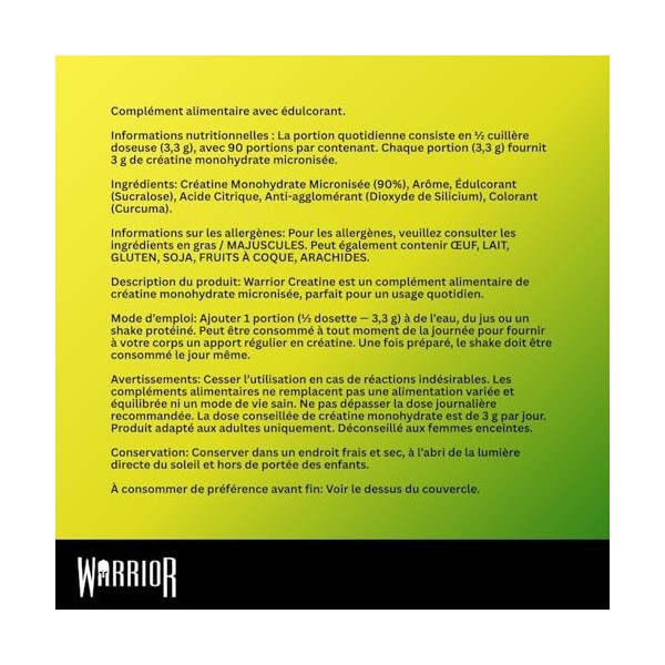 Warrior Créatine Monohydrate Poudre Micronisée – Supplément Sportif pour Musculation, Force et Récupération – 300 g, Portion 
