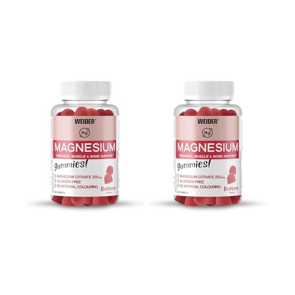 Weider Magnesium Gummies 48 gommes Goût Framboise, avec 250mg de Citrate de Magnésium/dose, sans gluten, sans allergènes, s M...