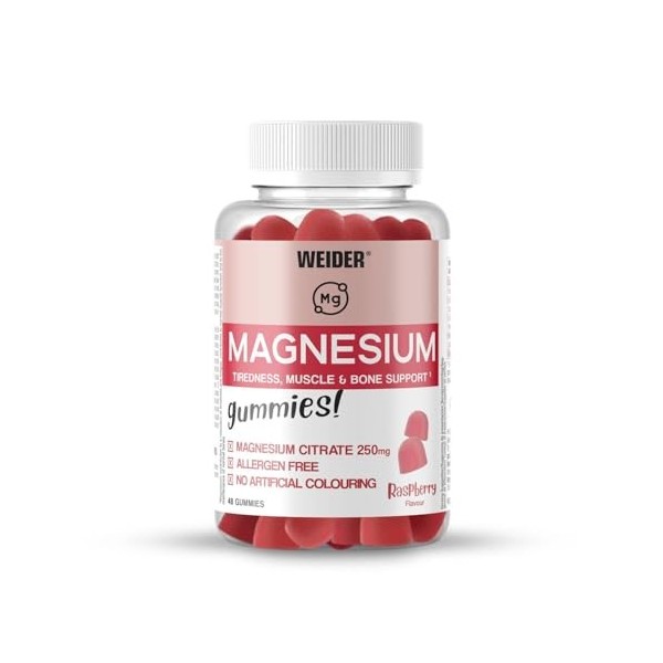 Weider Magnesium Gummies 48 gommes Goût Framboise, avec 250mg de Citrate de Magnésium/dose, sans gluten, sans allergènes, s M...