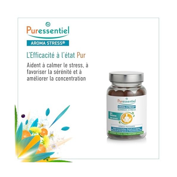 Puressentiel - Aroma Stress - Gummies Stress aux huiles essentielles bio - Extraits de Ginseng et Rhodiole Vitamines B3 et B1