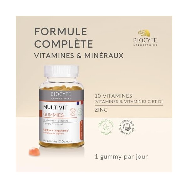 BIOCYTE Multivitamines Gummies Goût Citron - 10 Vitamines Dont Vitamine C & Vitamine D, Zinc - Fatigue, Immunité, Energie - P...