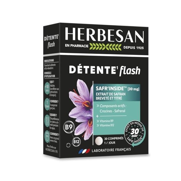 HERBESAN - DÉTENTE FLASH - SAFRAN SAFRINSIDE™ - Agit en moins de 30 minutes sur le stress - Équilibre émotionnel et nerveux 