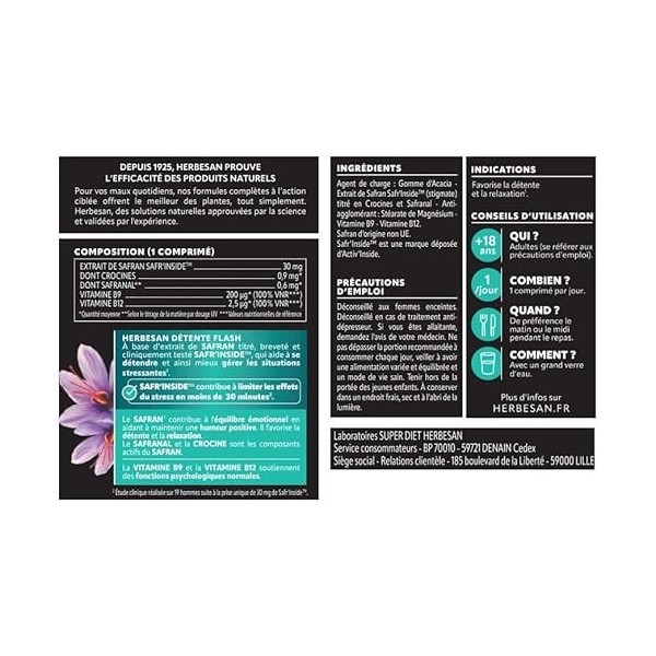 HERBESAN - DÉTENTE FLASH - SAFRAN SAFRINSIDE™ - Agit en moins de 30 minutes sur le stress - Équilibre émotionnel et nerveux 