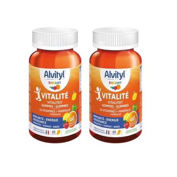 Alvityl - Gommes Vitalité - 8 vitamines et 2 minéraux – Saveurs naturelles de fruit - Dès 4 ans - 60 gommes Lot de 2 