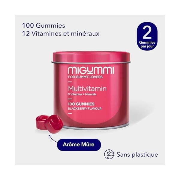 Gommes Multivitaminées - 100 Gummies au goût naturel de mûre - Vitamines C, D, B12, E, A, B6, B5, Acide Folique, Biotine, Zin