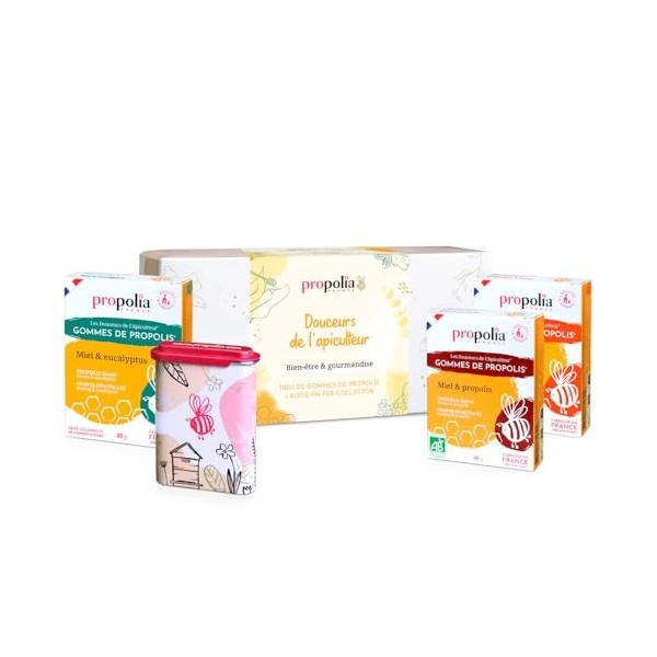 PROPOLIA - Coffret Cadeau - Coffret Douceurs de lapiculteur - Gommes de propolis 3 saveurs - Miel - Eucalytpus - Gingembre &