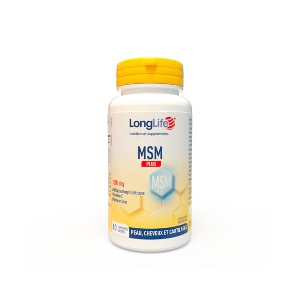 LongLife® MSM Plus | MSM avec vitamine C, biotine et zinc | Complément pour cheveux, ongles et peau | 1000 mg OptiMSM® par co