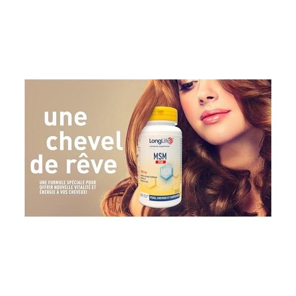 LongLife® MSM Plus | MSM avec vitamine C, biotine et zinc | Complément pour cheveux, ongles et peau | 1000 mg OptiMSM® par co