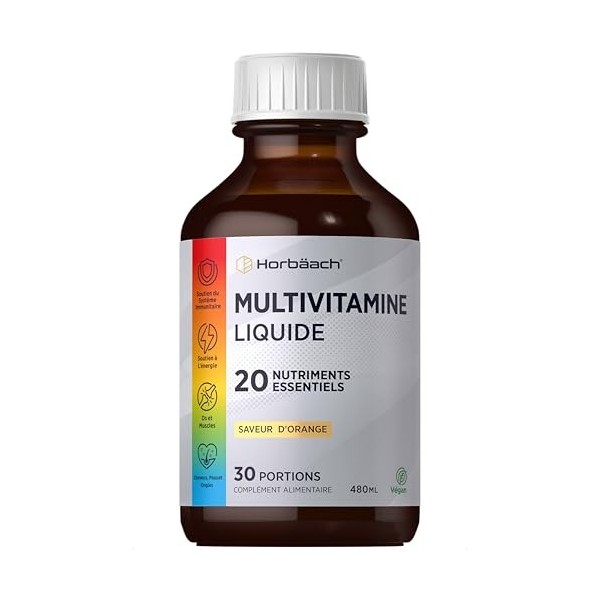 Multivitamines Liquide | 480 ml | Complément Alimentaire Vegan Avec 20 Nutriments Essentiel | Vitamine C, A, D, B6, B12 et Ac