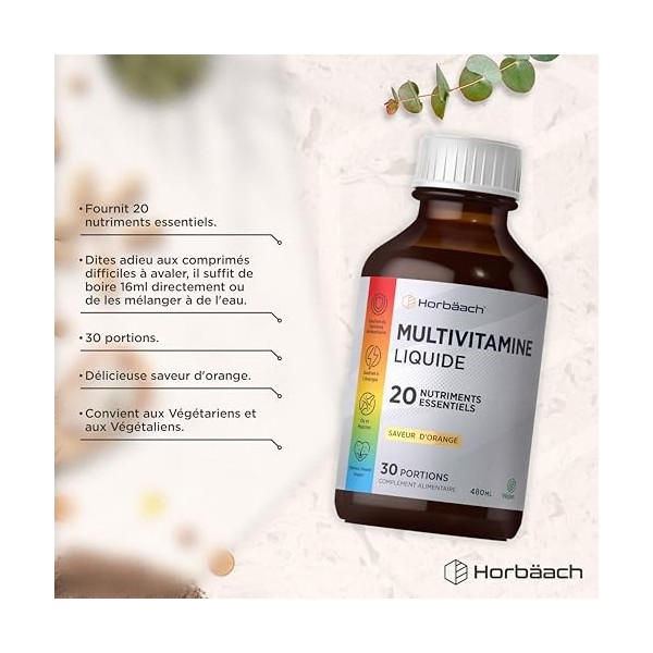 Multivitamines Liquide | 480 ml | Complément Alimentaire Vegan Avec 20 Nutriments Essentiel | Vitamine C, A, D, B6, B12 et Ac