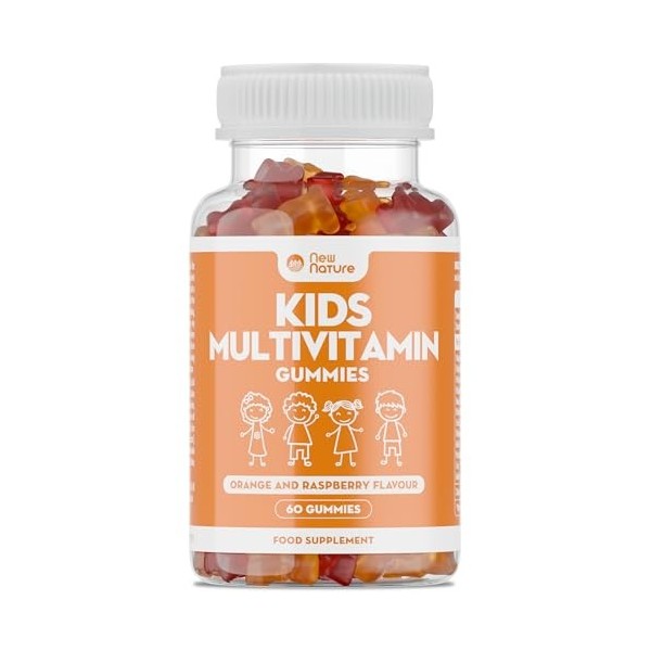 New Nature Gommes Multivitaminées Enfants - Avec Zinc, Vitamines C & D - Saveur Orange & Framboise - 60 Gummies
