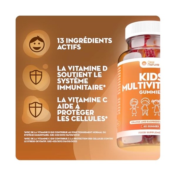 New Nature Gommes Multivitaminées Enfants - Avec Zinc, Vitamines C & D - Saveur Orange & Framboise - 60 Gummies
