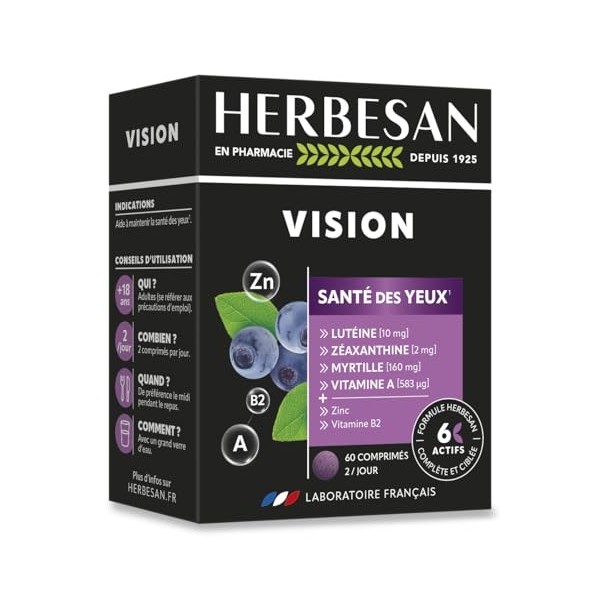 HERBESAN - VISION - Santé des Yeux - 6 actifs à laction complète et ciblée - Lutéine, Zéaxanthine, Myrtille, Vitamines et Zi