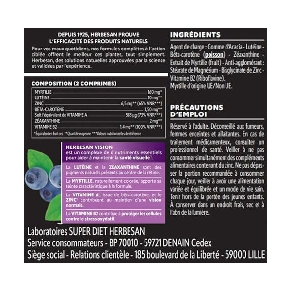 HERBESAN - VISION - Santé des Yeux - 6 actifs à laction complète et ciblée - Lutéine, Zéaxanthine, Myrtille, Vitamines et Zi