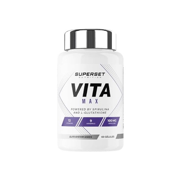 Superset Nutrition - Vita Max 60 Caps - 12 vitamines et 9 minéraux - Enrichi en Spiruline et L-glutathion