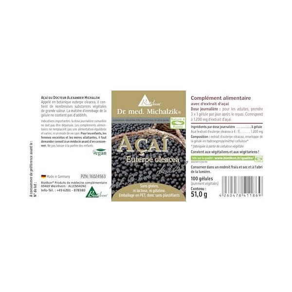 Açaí selon Dr. med. Michalzik - chaque capsule contient 400 mg dextrait de baies daçaí de haute qualité Euterpe-Oleracea 