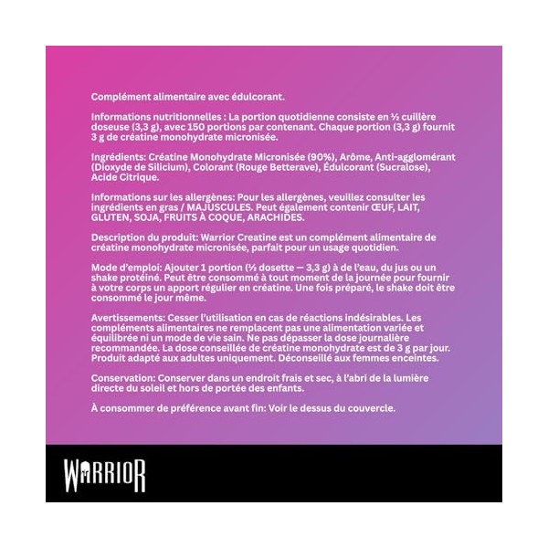 Créatine en poudre monohydrate Warrior 500 g 100 portions - Micronisée pour un mélange et une consommation faciles - Amélio
