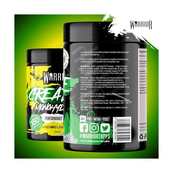 Warrior Créatine Monohydrate Poudre Micronisée – Supplément Sportif pour Musculation, Force et Récupération – 500 g, Portion 