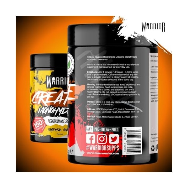 Warrior Créatine Monohydrate Poudre Micronisée – Supplément Sportif pour Musculation, Force et Récupération – 500 g, Portion 