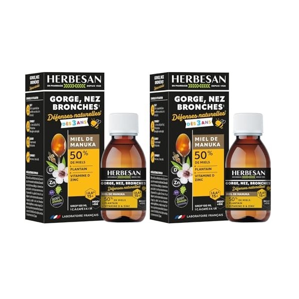 HERBESAN® - SIROP ENFANTS GORGE, NEZ & BRONCHES MANUKA IAA15+ MGO514+ - Défenses naturelles - Dès 3 ans- Fabrication França