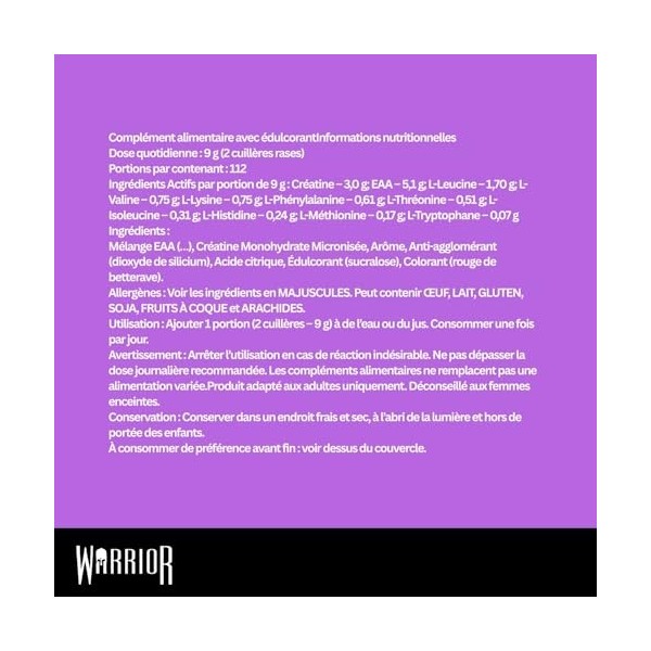 Warrior Créatine Monohydrate + EAA 270 g – 30 Portions – Supplément Sportif pour Force, Récupération et Soutien Musculaire – 