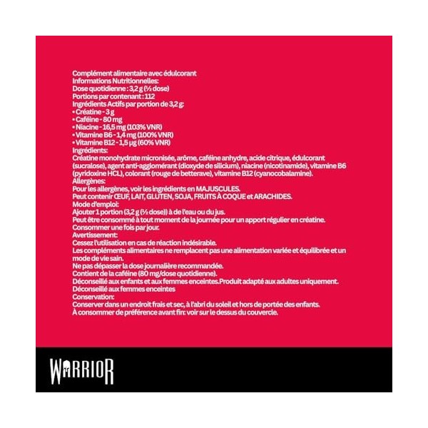 Warrior Créatine Monohydrate + Énergie 360 g – 80 Portions – Supplément Sportif pour Performance et Récupération Musculaire –