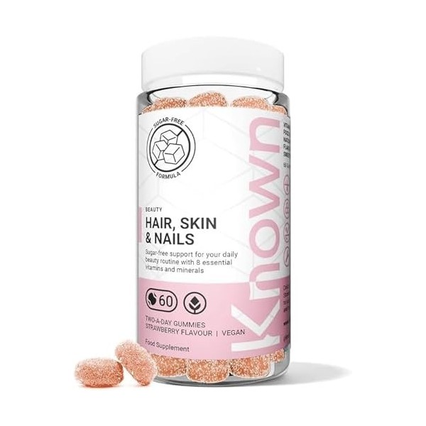 Known Tasty Gummies Sans Sucre pour Cheveux, Peau & Ongles – Multivitamines – 60 Gummies Véganes, Approvisionnement d’1 Mois