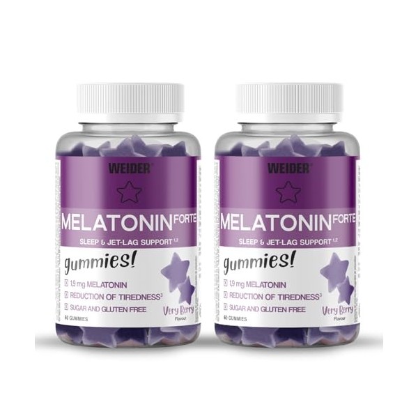 Weider Pack Duo Melatonin Forte Gummies 2x60 gommes Goût Fruits des Bois, 1,9 mg mélatonine/gomme, Aide contre les troubles M...