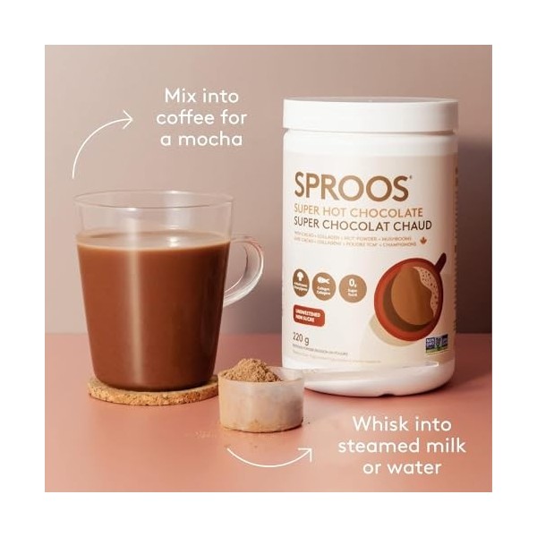 SPROOS - Super Chocolat Chaud - Collagène à Boire - Cacao, Poudre TCM, Champignons - Antioxydant - Améliore Peau, Cheveux et 
