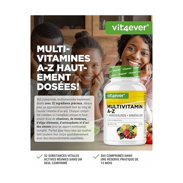 Multivitamine A-Z - 365 comprimés 12 mois - 32 principes actifs - Combinaison de minéraux + acides aminés + oligo-éléments M...