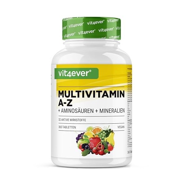 Multivitamine A-Z - 365 comprimés 12 mois - 32 principes actifs - Combinaison de minéraux + acides aminés + oligo-éléments M...