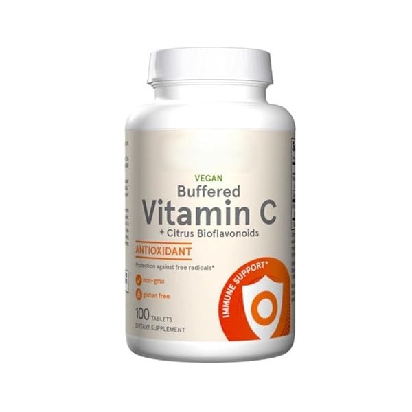 Bufered VitaminC avec ascorbates minéraux, soutien immunitaire, sans OGM, sans gluten, 100 comprimés