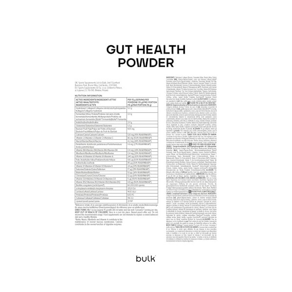 Poudre Santé Intestinale Bulk, Saveur Orange, 450 g, 30 Portions, Collagène, Protéine de Petit-Lait Fermentée, Inuline, L-Glu