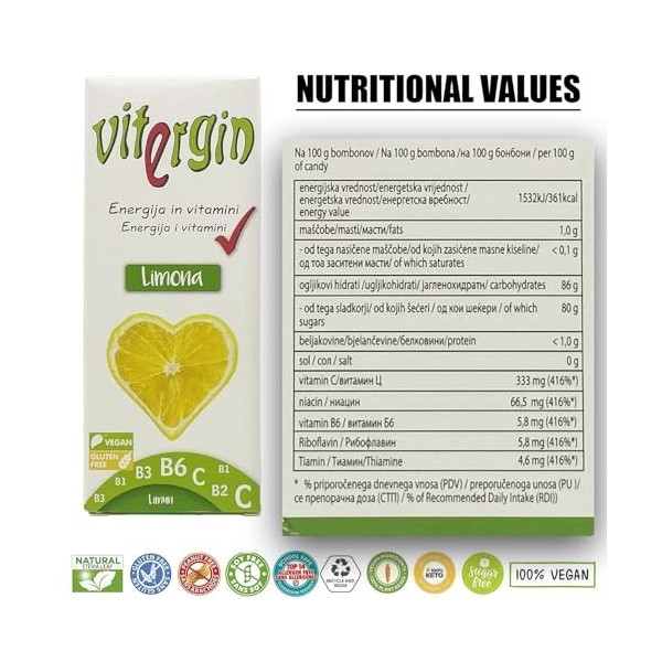VITERGIN Bonbons Vitaminés - Fruits des Bois, Citron, Orange, Framboise, Fraise. Délicieux Arômes de Fruits dans 20 Bonbons S...