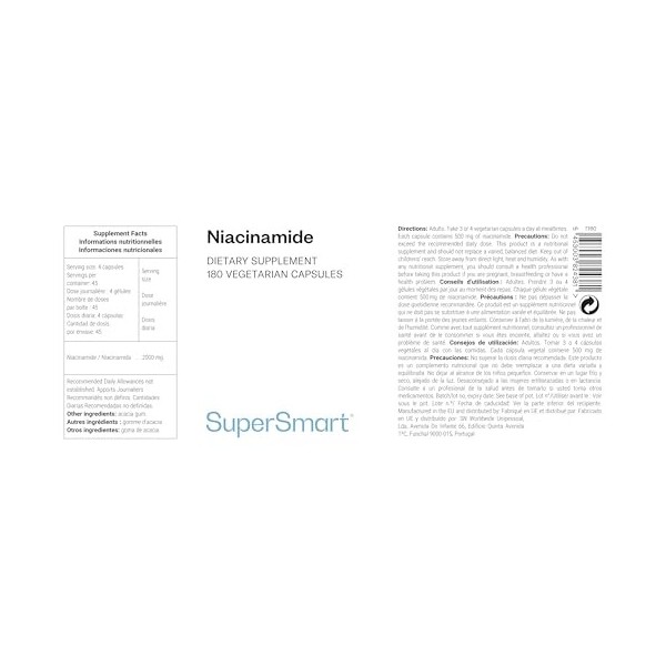 Supersmart - Niacinamide - Forme de Vitamine B3 Niacinamide - Contribue à Améliorer la Fonction Cognitive | Sans OGM - 180 