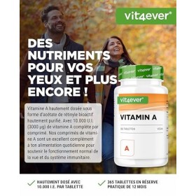 vit4ever Vitamine A - 10 000 UI 3 000 µg - 365 comprimés - Alternative aux gélules - Acétate de rétinyle hautement dosé - S
