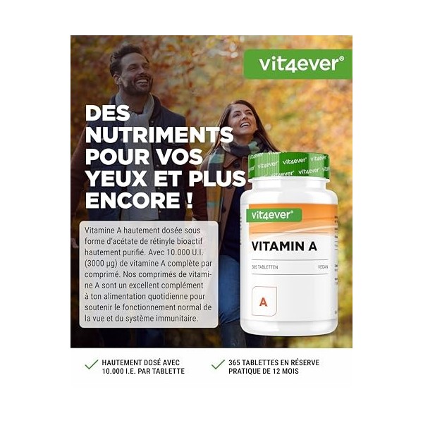 vit4ever Vitamine A - 10 000 UI 3 000 µg - 365 comprimés - Alternative aux gélules - Acétate de rétinyle hautement dosé - S