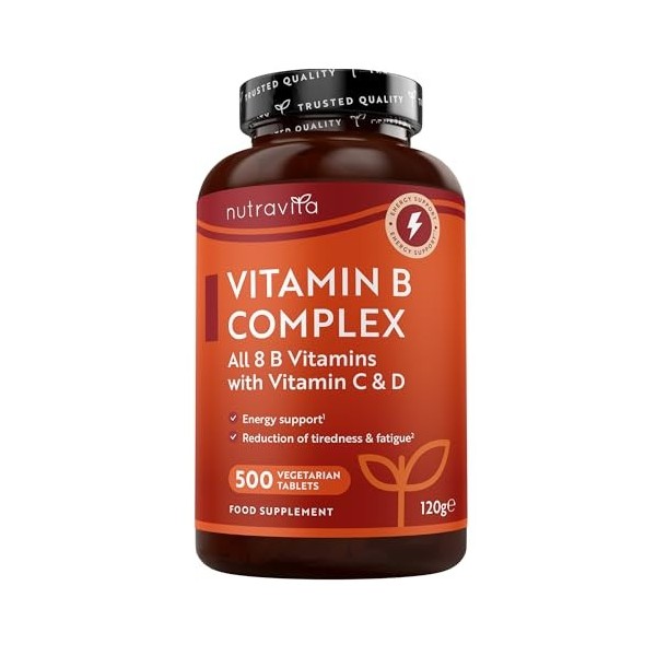 Nutravita Vitamine B Complex avec Vitamine C + Vitamine D - 500 Comprimés pour + 1 An de dUtilisation - Les 8 Vitamines B +