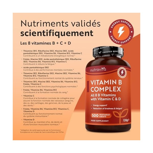 Nutravita Vitamine B Complex avec Vitamine C + Vitamine D - 500 Comprimés pour + 1 An de dUtilisation - Les 8 Vitamines B +