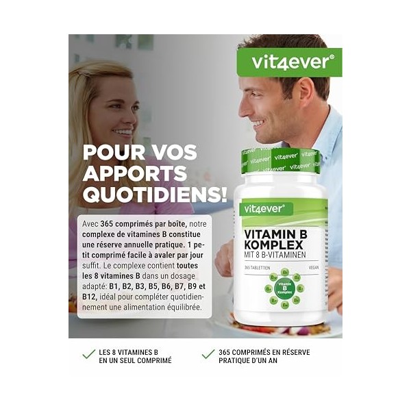 Complexe de vitamines B - 365 comprimés - 12 mois dapprovisionnement - Les 8 vitamines B en 1 comprimé - Vitamines B1, B2, B