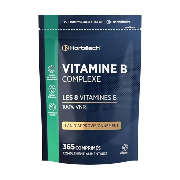 Vitamine B Complex | 365 Micro-Comprimés Vegan pour 1 An | Complexe de Vitamine B1, B2, B3, B6, B12 Acide Folique et Choline