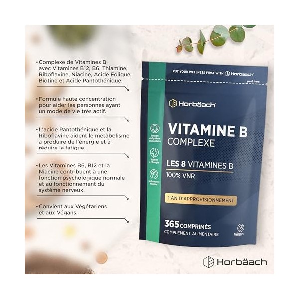 Vitamine B Complex | 365 Micro-Comprimés Vegan pour 1 An | Complexe de Vitamine B1, B2, B3, B6, B12 Acide Folique et Choline