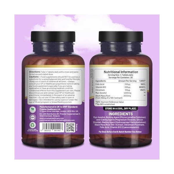Complexe Myo-Inositol 120 comprimés végétaliens 7000 mg par portion avec racine de maca noire, chrome, acide folique et vitam