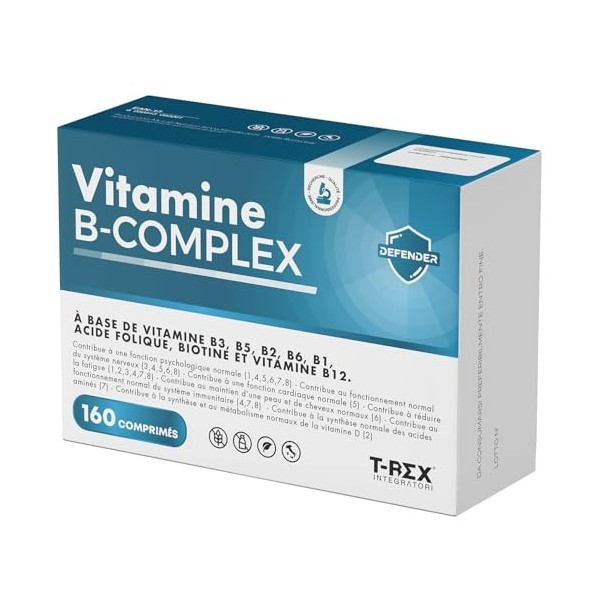 T-Rex Integratori, Vitamine B Complexe 160 Comprimés Vegan 5 Mois dApprovisionnement - Haute Dose de Vitamine B12, Acide F