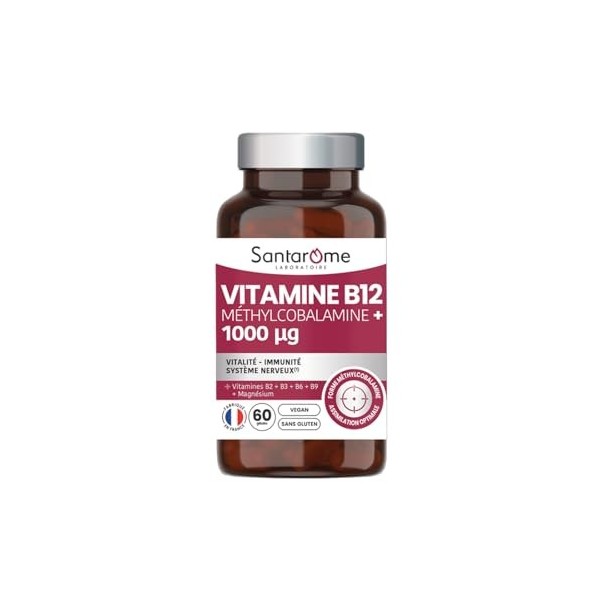 Santarome - Vitamine B12 Méthylcobalamine 1000 µg – Vitalité, Immunité & Système Nerveux – Avec Vitamines B2 B3 B6 B9 & Magné