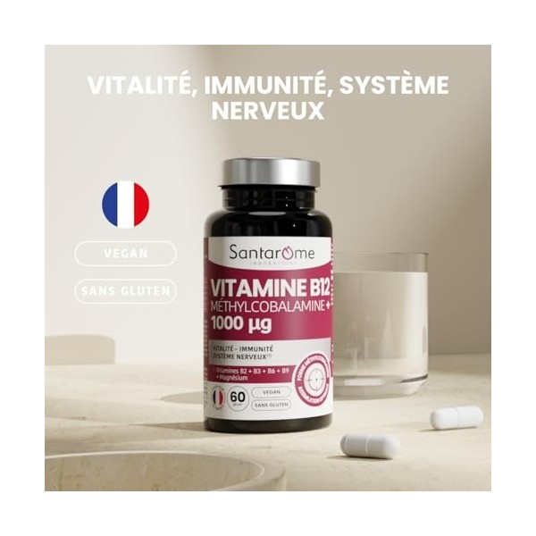 Santarome - Vitamine B12 Méthylcobalamine 1000 µg – Vitalité, Immunité & Système Nerveux – Avec Vitamines B2 B3 B6 B9 & Magné