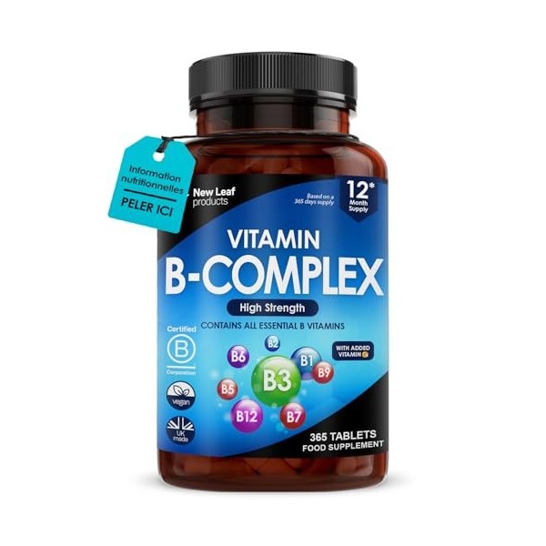 Complexe de Vitamine B, 365 Petits Comprimés de Vitamines B, B1-B2-B3-B5-B6-B12, C, Biotine, Acide Folique, Haute Concentrati