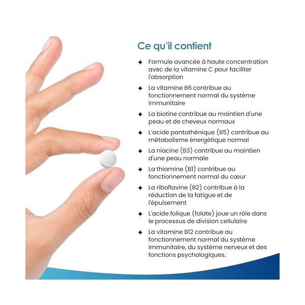 Complexe de Vitamine B, 365 Petits Comprimés de Vitamines B, B1-B2-B3-B5-B6-B12, C, Biotine, Acide Folique, Haute Concentrati